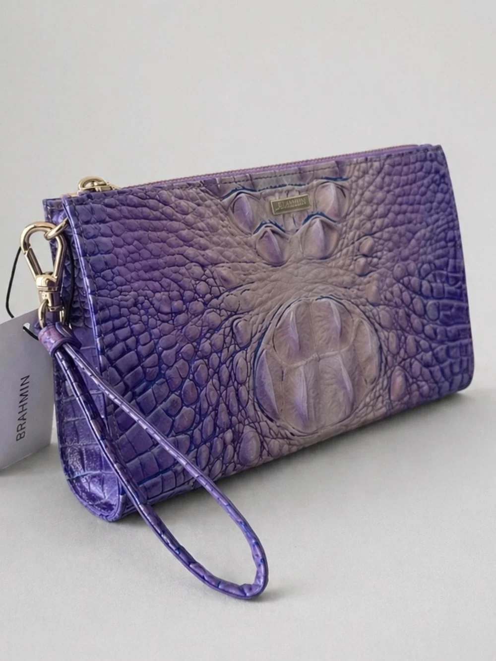 Brahmin Daisy Very Peri Lavender Ombré Croc-Embossed Genuine Leather Wristlet